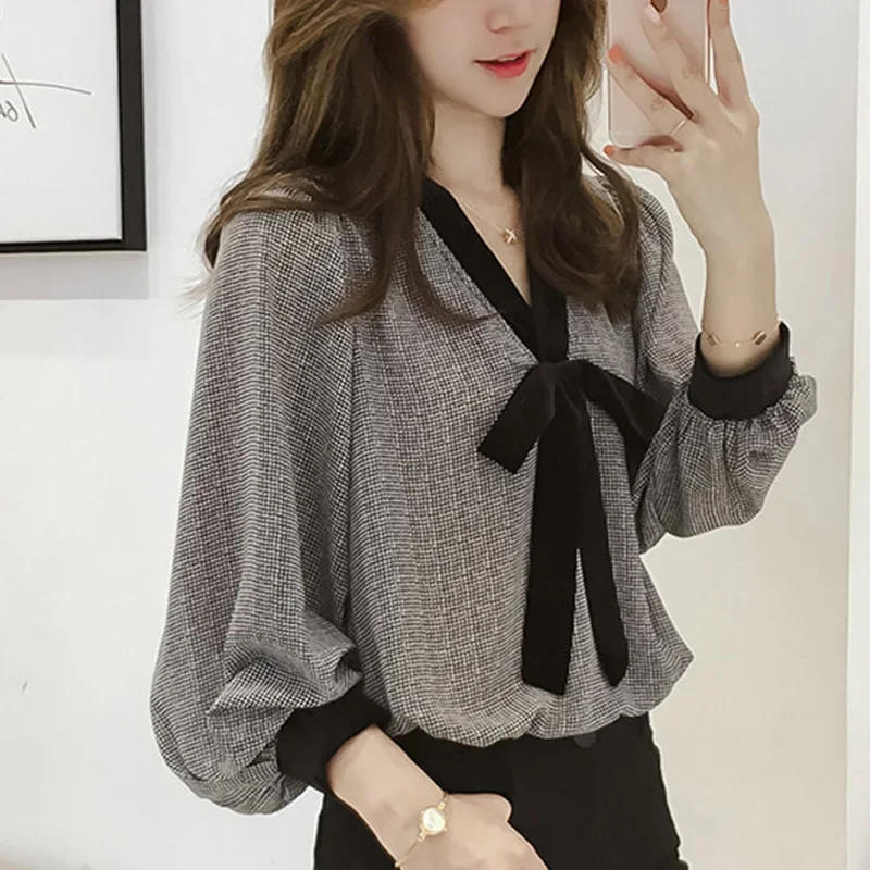 

Fashion Puff Sleeve V-Neck Bow Plaid Long Sleeve Chiffon Shirt 2022 Spring New Loose Commute Blouse Casual Women Clothing Tops