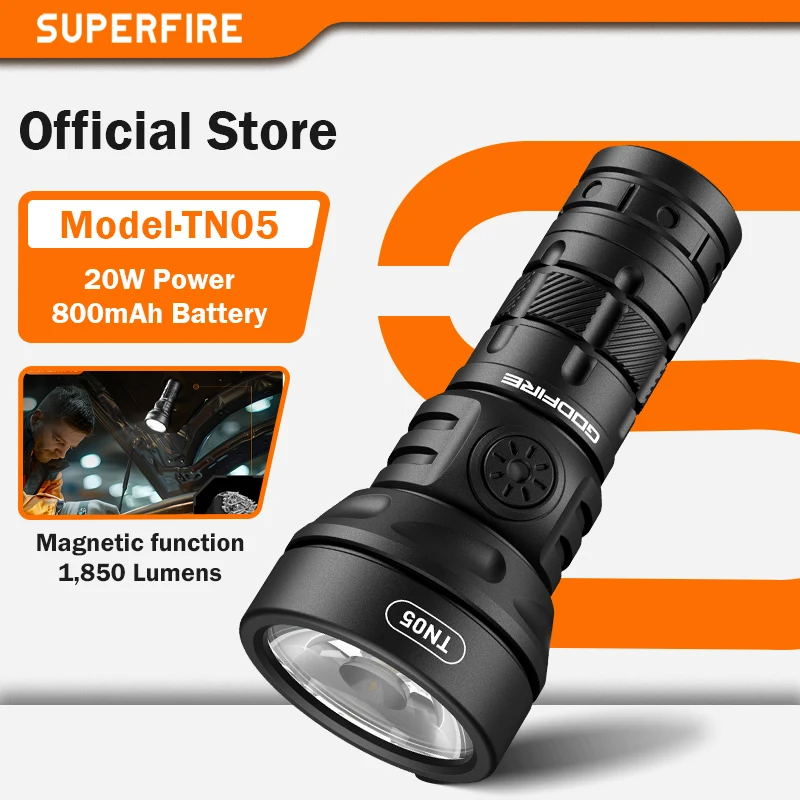 

SUPERFIRE TN05 Мини-светодиодный фонарик 1800LM 20 Вт USB-C перезаряжаемый тактический фонарик высокой мощности с хвостовым магнитным фонарем