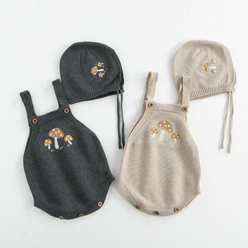 

Cottagecore Baby Knit Bodysuit Outfit Set Mushroom Embroidery Romper Cardigan Bonnet 0-3Y Toddler Woodland Winter Clothes