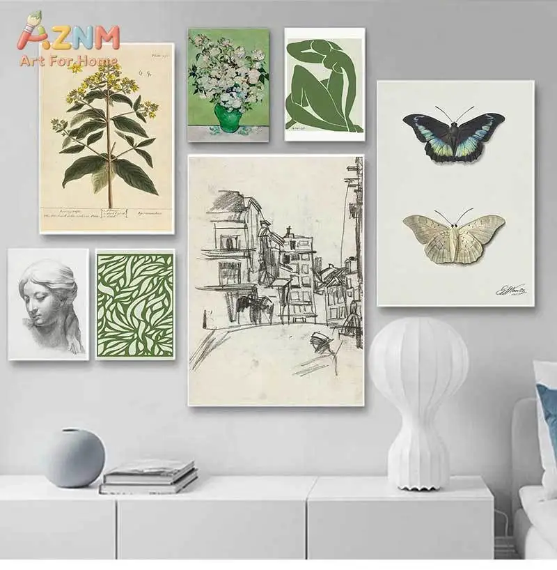 AZNM Vintage Botanical Butterfly Sketch Sculpture Figure Frameless Canvas Poster Neutral Green Tone Gallery Wall Home Decor