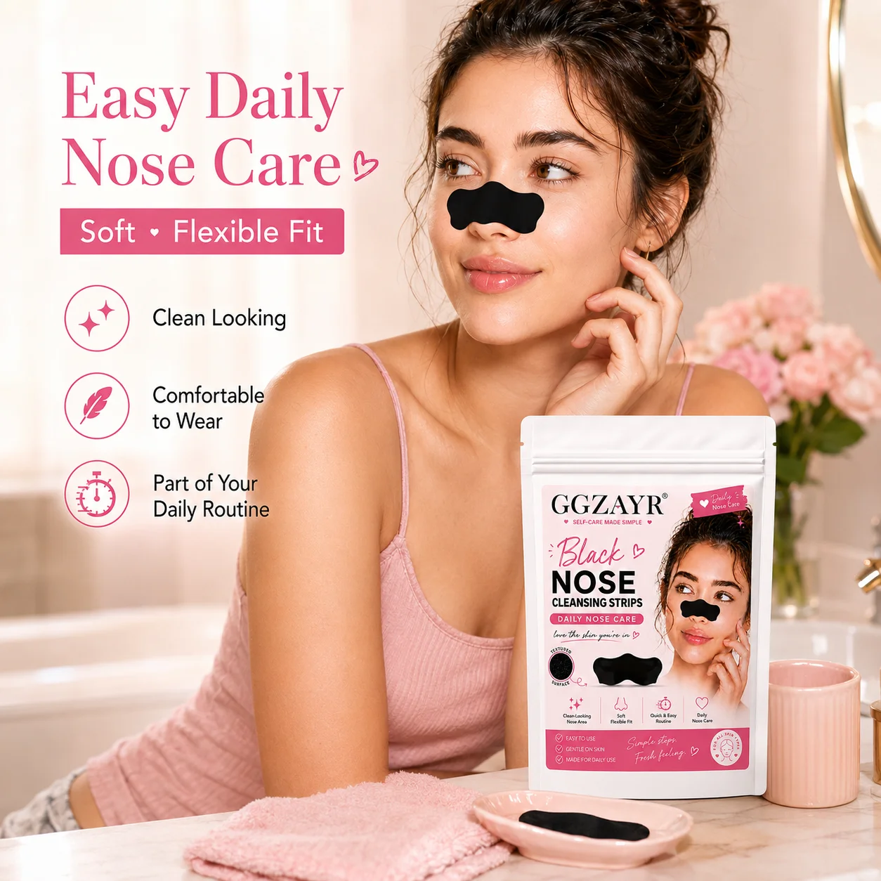 10Pcs Black & Pink Nose Patches, Blackhead Remover Strips for Women, Gentle Deep Pore Cleansing Nose Strips