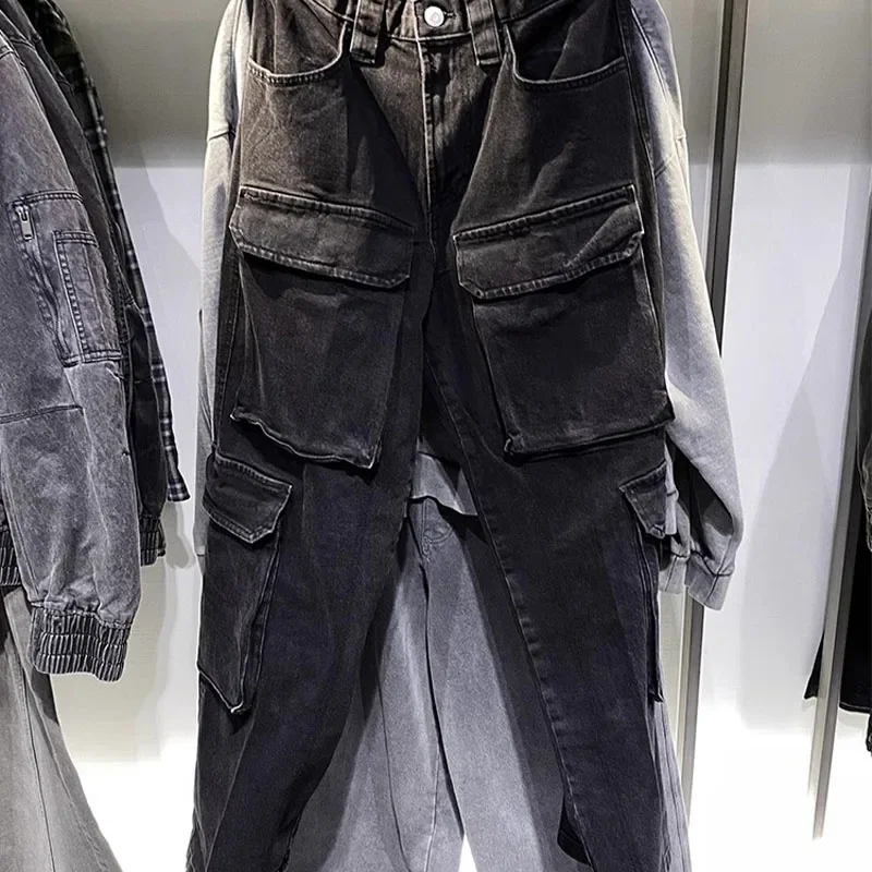 New Spring Autumn Men Multi Pocket Cargo Jeans Loose Straight Leg Washed Casual Denim Pants