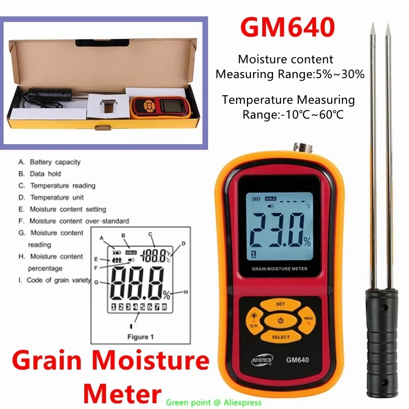 5PCS Handheld Digital Grain Moisture Meter GM640 Measure Temperature Of The Grain Smart Sensor 5%-30% Backlight Moisture Test