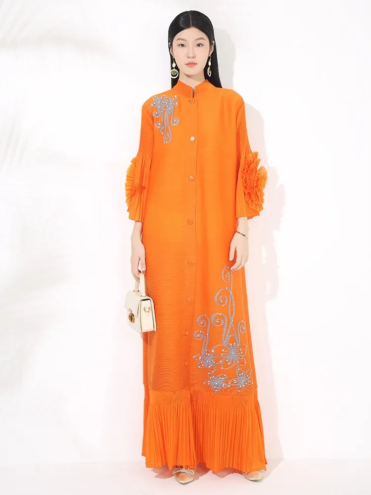 

Miyake Style Pleated Dress Women's New Loose Large Size Handmade Shaking Flower Single-breasted Cardigan Pleated Long Skirt