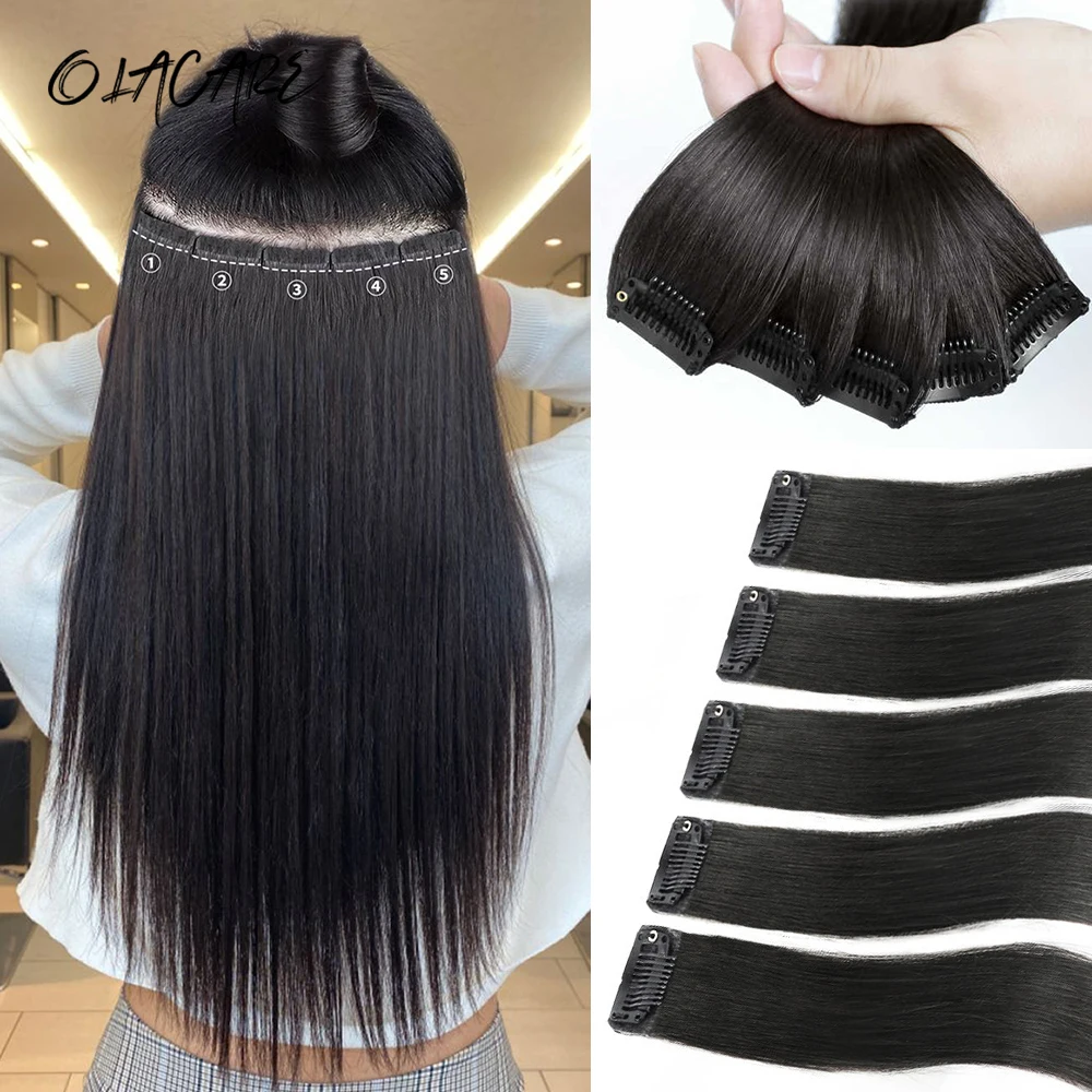 

OLACARE 5PCS/Set Long Straight Synthetic Fiber Wigs SuitableHair Clips Hair Extensions 24Inches For Women Girls Daily Use