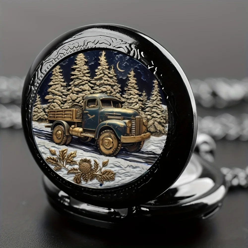 Vintage Unique Forest Truck Design Necklace Pendant Quartz Pocket Watch, Exquisite Accessory Great Watch for Men Women and Kids