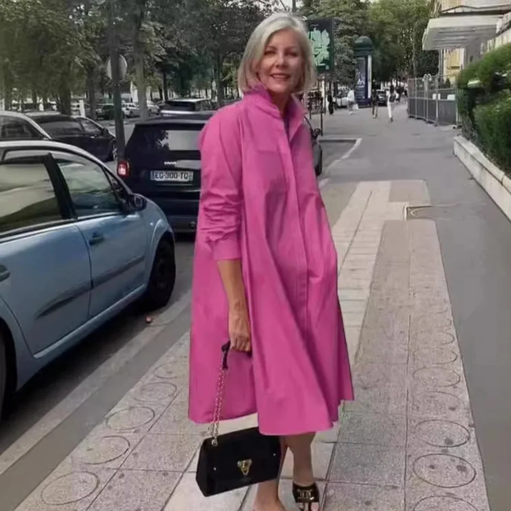 Vestidos ผู้หญิงชุดยาวสีทึบหลวม Fit Turndown COLLAR Elegant Splice ปุ่มอารมณ์เสื้อชุด 2025 สบายๆ