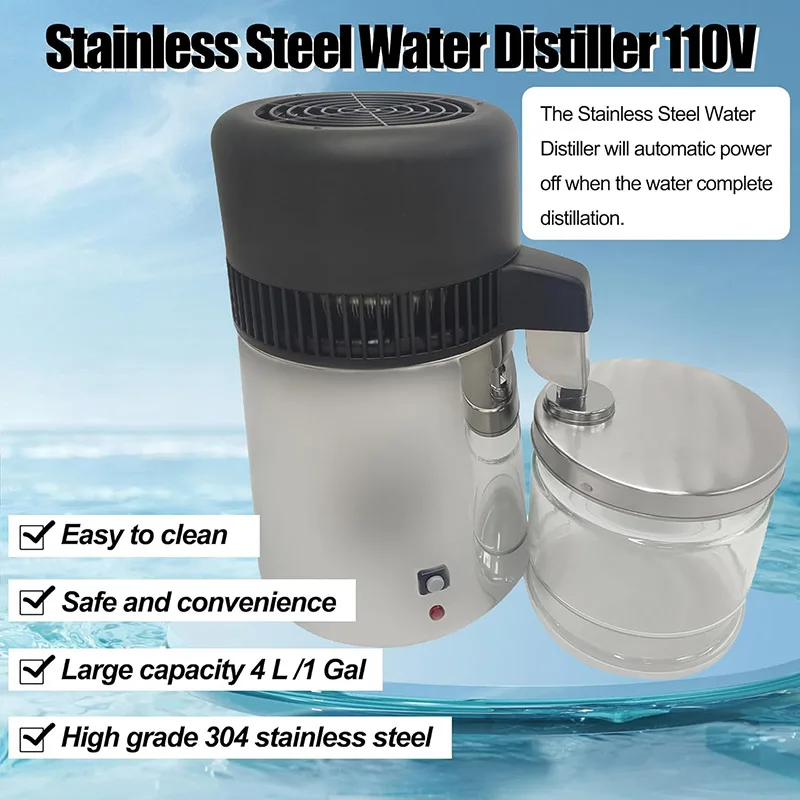 الفولاذ المقاوم للصدأ 4L جهاز تقطير المياه لتنقية المياه مع جرة زجاجية آلة تقطير كونترتوب للمختبر المنزلي 110 فولت