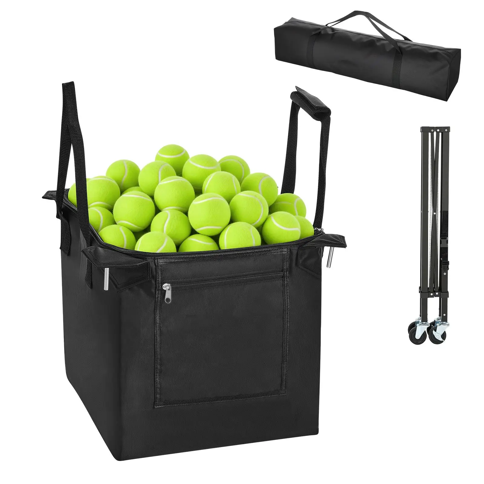Lightweight Aluminum Tennis Ball Hopper Foldable Pickleball Basket Cart Wheels 150 Ball Capacity Easy Pick Training Equipment