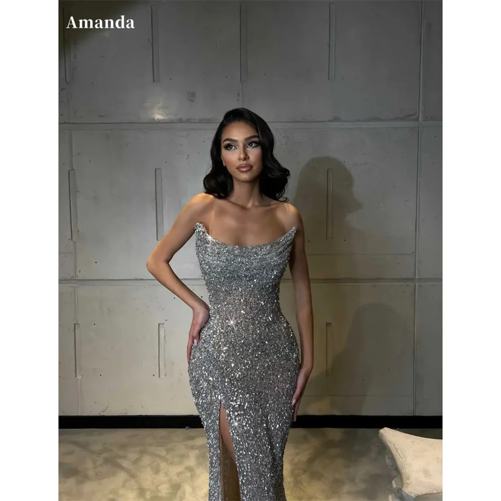 

Amanda Customized Luxury Strapless Shiny Sequins Prom Dress Mermaid Sleeveless vestidos de noche Side High Split Formal Evening