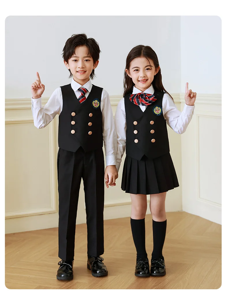 Coole Kinder-Formelle Weste für Jungen, Doppelknopf-Blazer-Weste, Mädchen-Geburtstagsfeier-Hochzeitskleidung, Kostüm in Schwarz, Grau, Königsblau – Detail 7