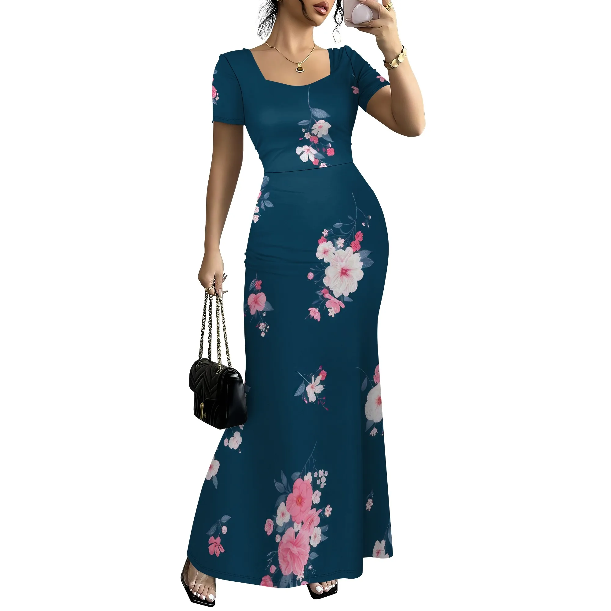 Nupusa ชุดเดรสพิมพ์ลายดอกไม้สําหรับผู้หญิงขนาดมาตรฐานฤดูร้อนลําลองคอสี่เหลี่ยมแขนสั้นชุดแม็กซี่