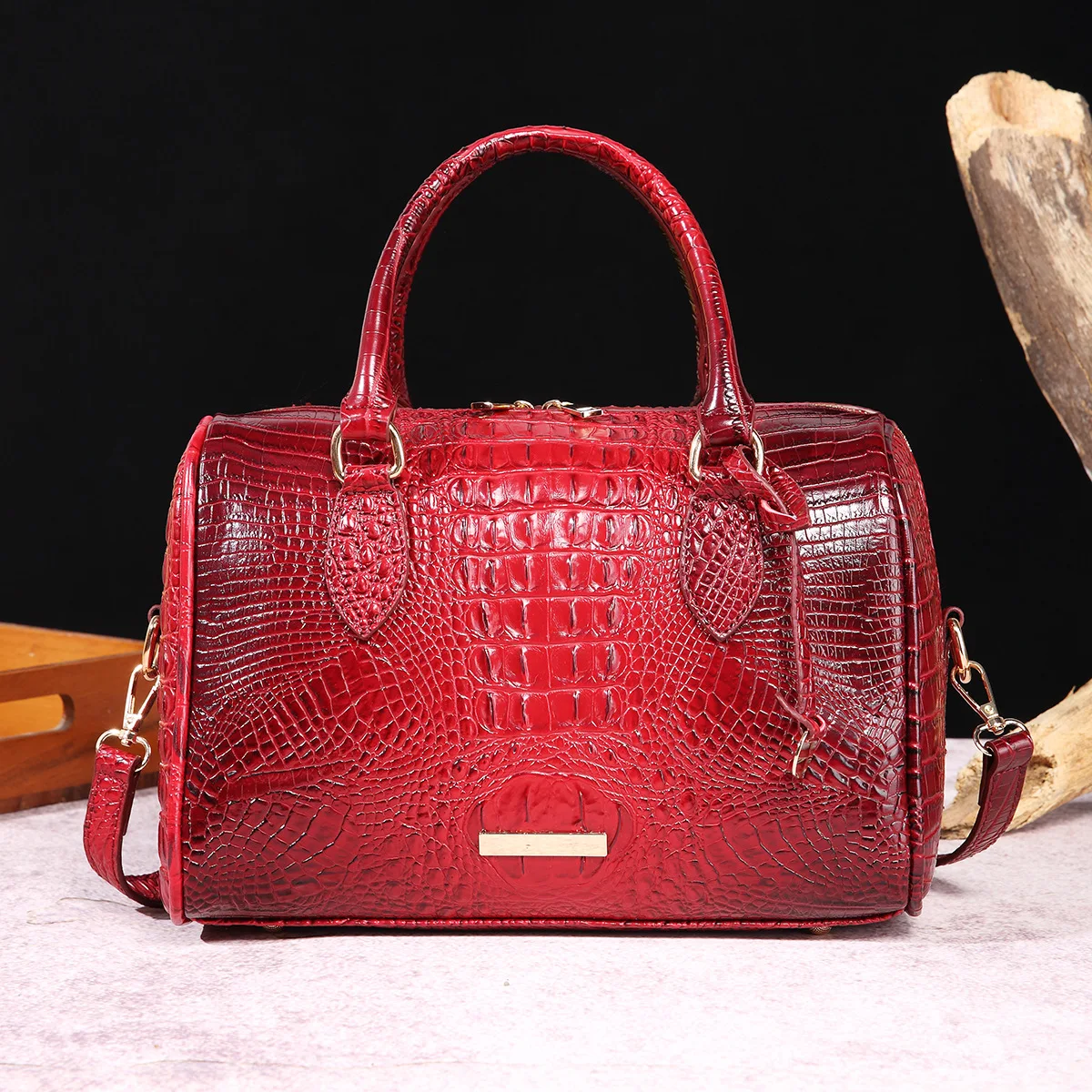 Ombre Crocodile Embossed Boston Handbag Classic Style Crossbody Bag Women's Leather Satchel Purse