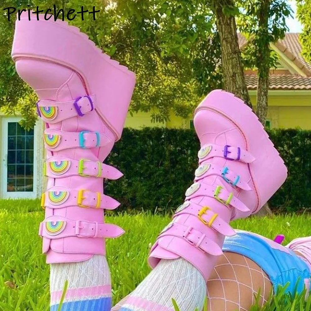 Wedges Platform Mid Calf Boots Multi Buckle Strawberry Rainbow Round Toe Lovely Shoes Women's Winter Fashion Leather Boots