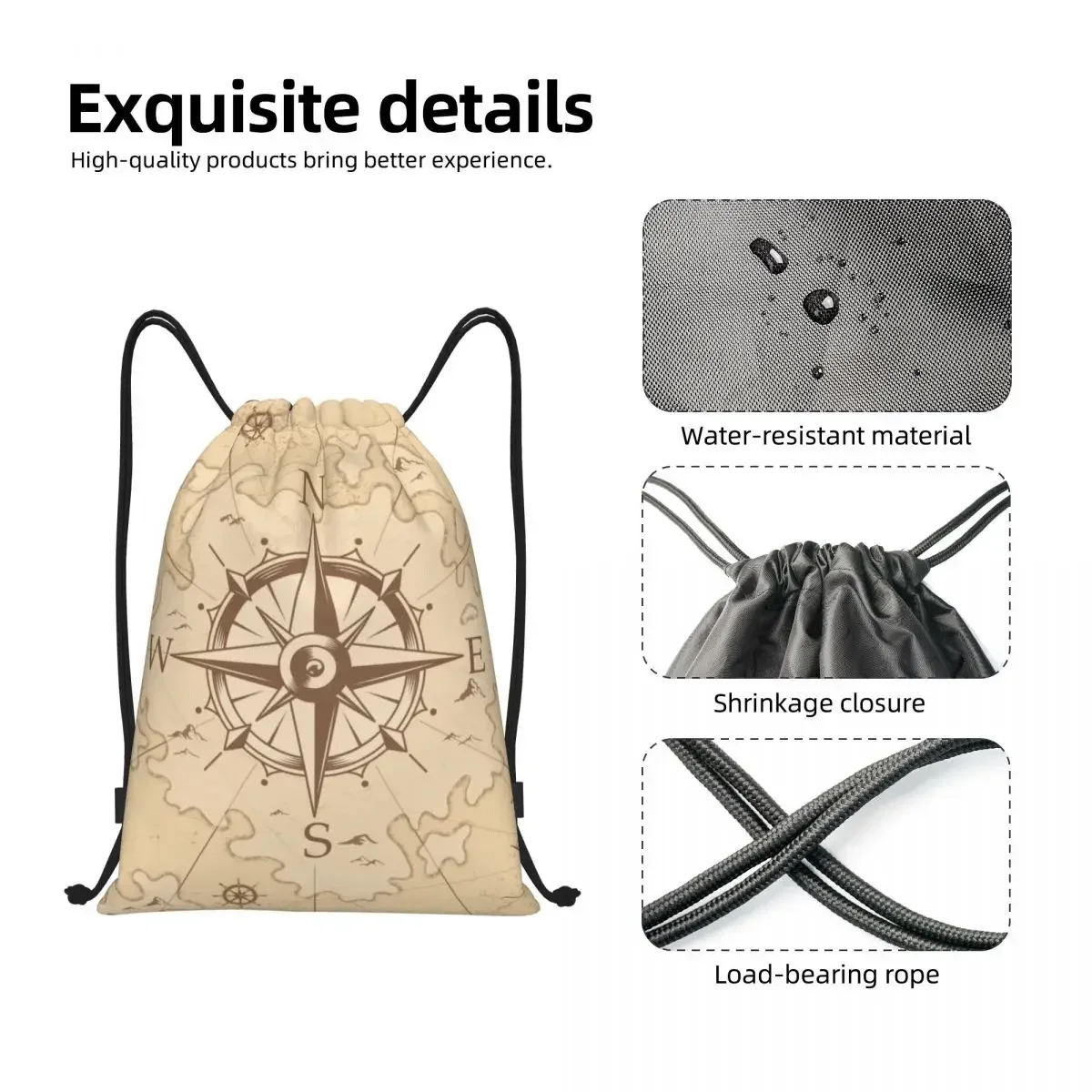 カスタムヴィンテージ海賊の地図巾着バックパック女性男性スポーツジムサックパック折りたたみ航海コンパスセーラートレーニングバッグ袋