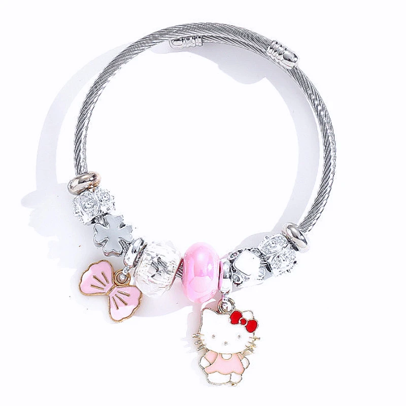 

Stylish Cartoon Hellos Kittys Bow Pendant Beaded Bracelet Decorated with Stainless Steel Silver Bracelet Girl's Accessories Gift