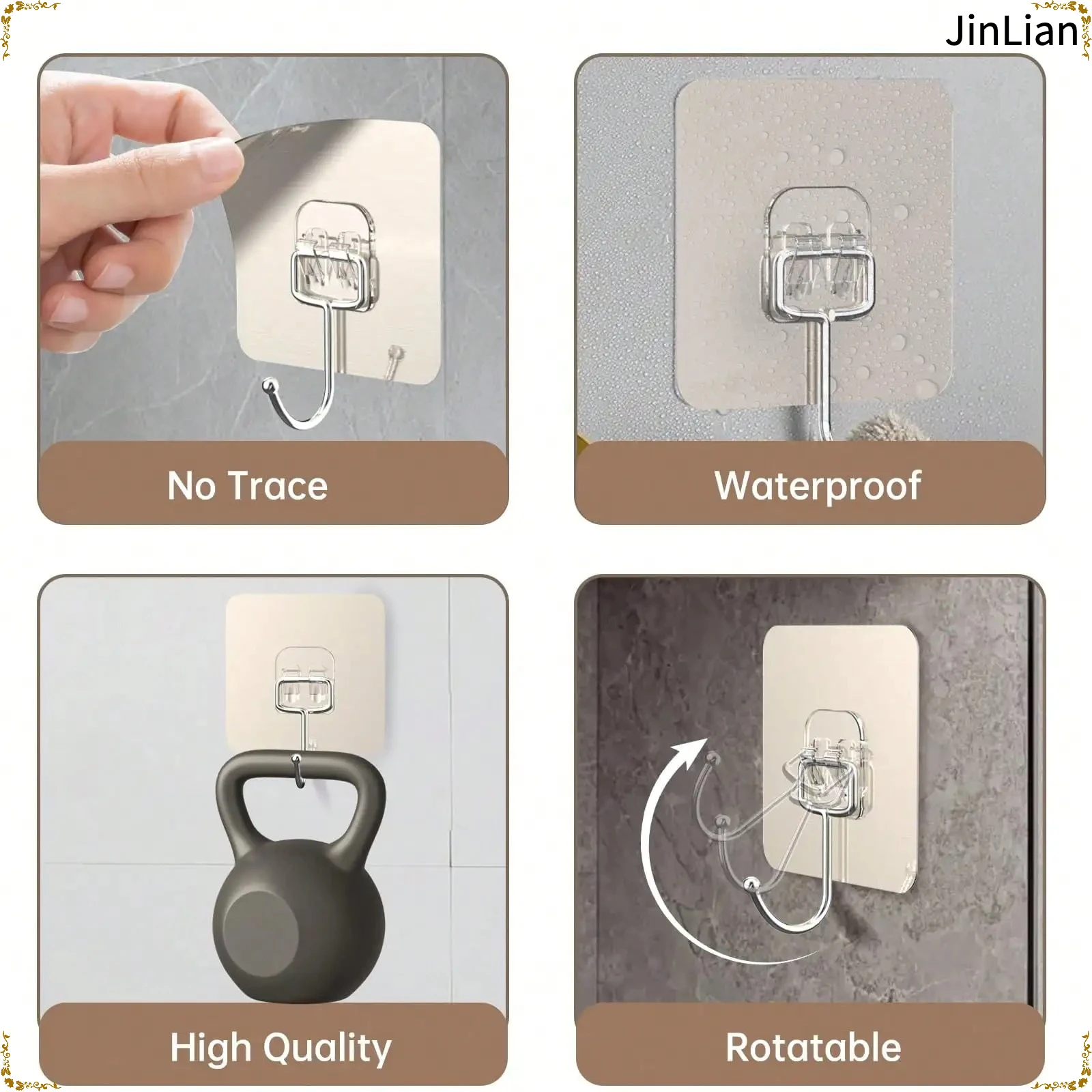 No‑Punch Self‑Adhesive Wall Hooks, Reusable Transparent Seamless Heavy‑Duty Waterproof Hanging Hooks for Kitchen Bathroom
