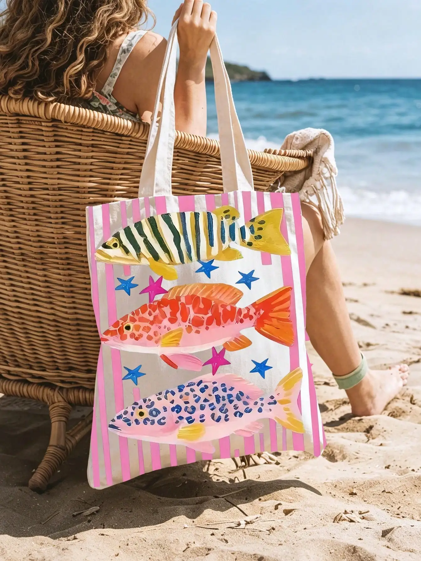 Reusable Tote Shopping Bag Handbag Makeup Bag Set Colorful Minimalist Pink Green Striped Sardine Fashion Travel Shopping Bag