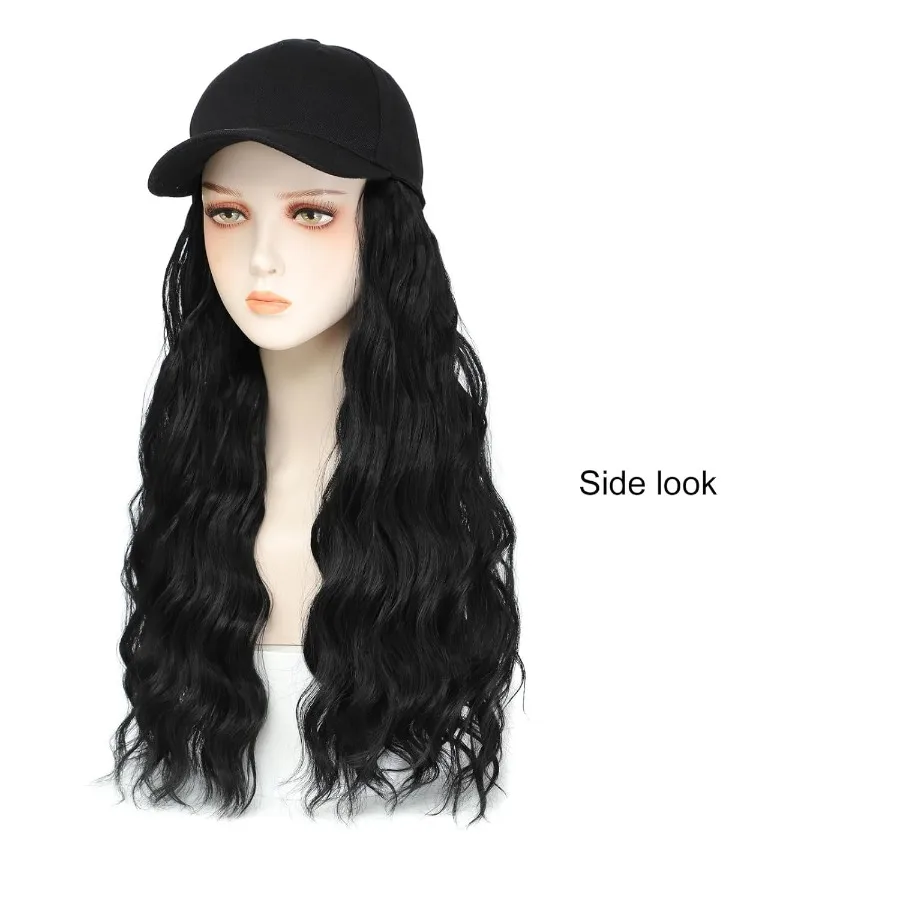 Peluca con gorra de béisbol, extensiones de cabello ondulado Natural largo de 20 pulgadas con sombrero, peluca ajustable sintética resistente al calor, pelucas con gorro negro para mujer