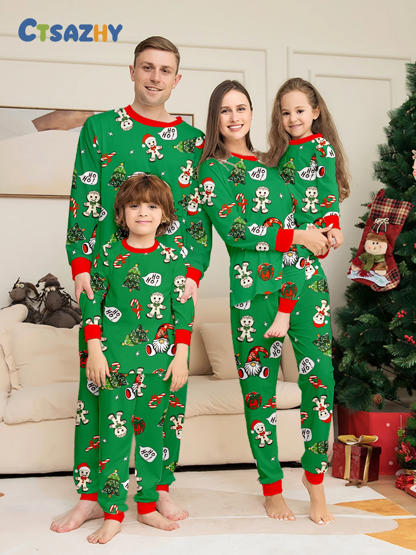

Matching Family Christmas Sleepwear: Green Pajamas with Gingerbread Man & Christmas Elements