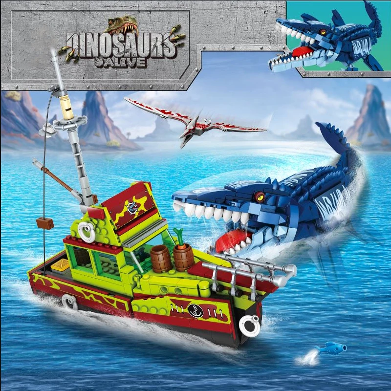 Ideas Cretive Dinosaur Ship Building Block MOC Escape Mosasaurus Ocean Exploration Model Bricks Assembly Toys Gift For Childrens