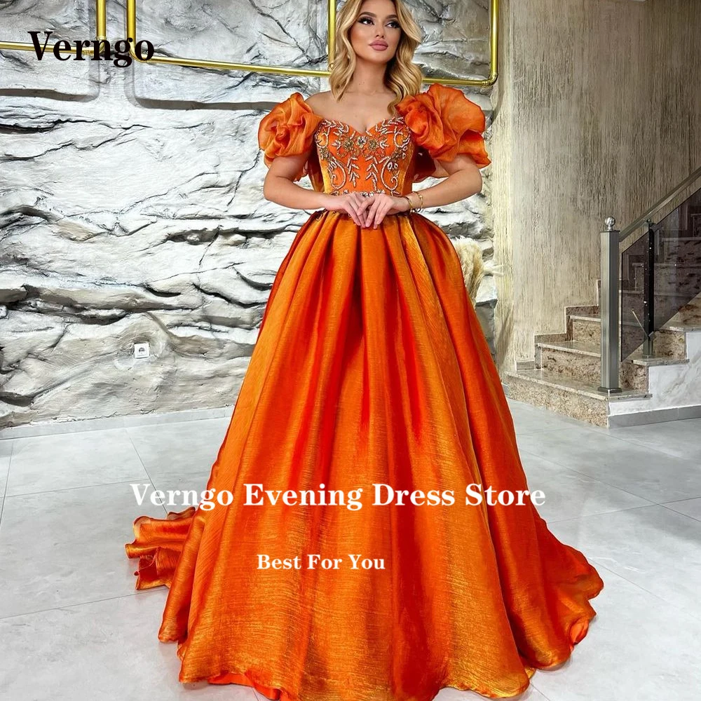 

Verngo Orange Silk Organza Embroidery Prom Dresses Dubai Arabic Women Off the Shoulder Ruffles Princess Party Evening Gowns