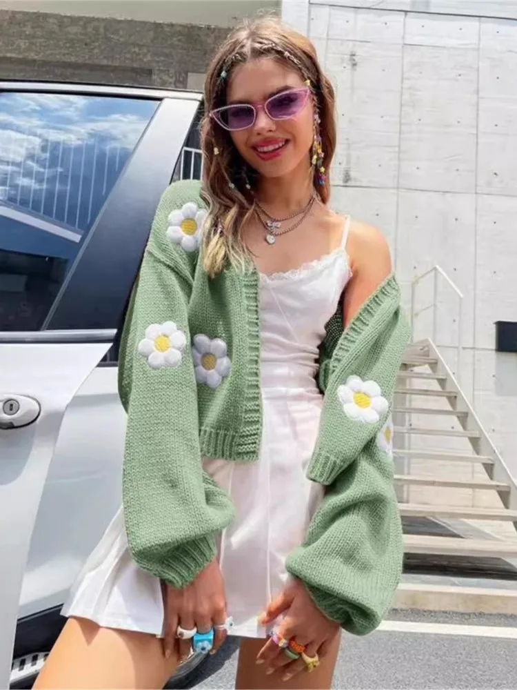 

Cardigan Knitted Coat Woman's Casual Autumn Winter Fashion Flower Print Long Sleeves Sweater Ladies Solid-color Loose Sweater