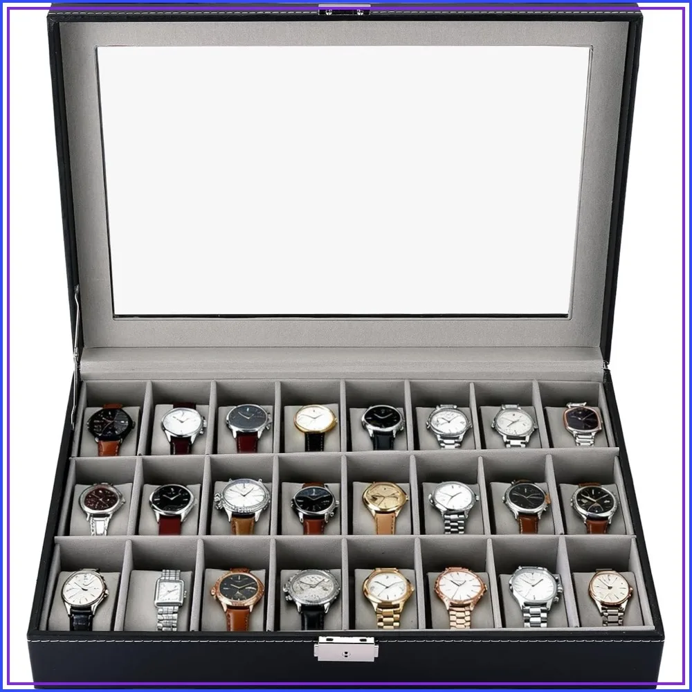 24 Slot Lockable Watch Box with Removable Pillows, PU Leather Display Case for Men Women, Gray Lining, Travel & Storage