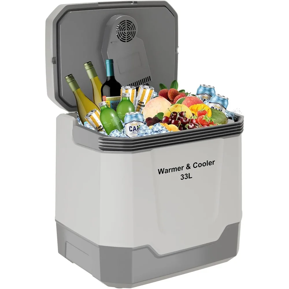 35 Quart Portable Electric Cooler & Warmer, Car Refrigerator, Grey | Automatic Locking Handle, 12V Vehicle & 110V AC Home Use