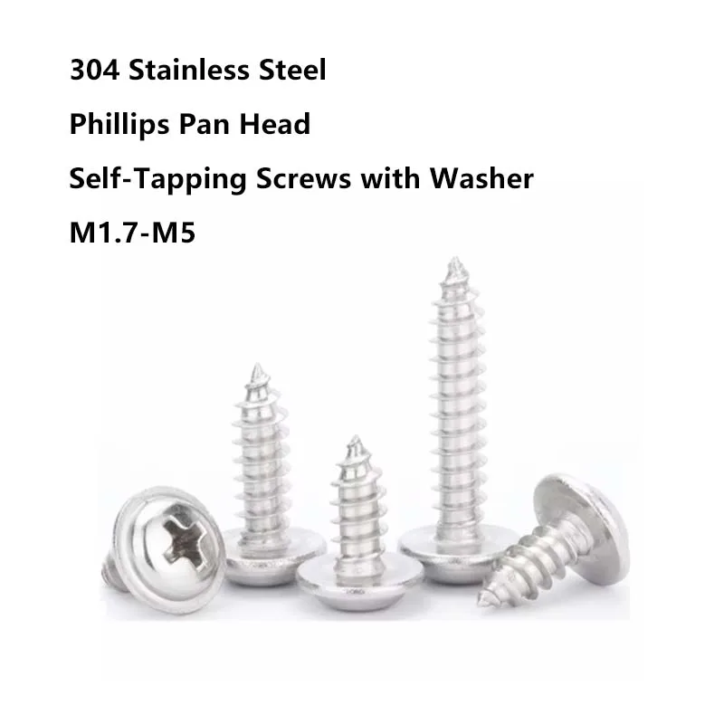 10/20/50pcs M1.7 M2 M2.3 M2.6 M3 M4 M5 304 Stainless Steel Phillips Pan Head Self-Tapping Screws with Washer