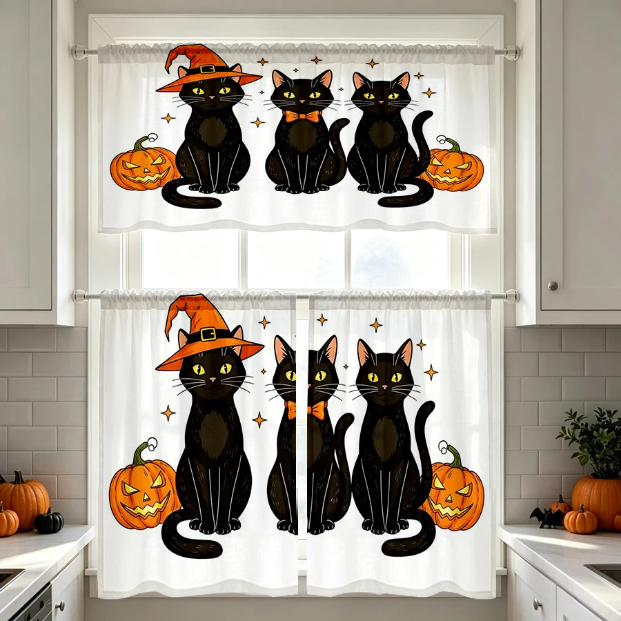 Halloween Fall Kitchen Curtains, Three Black Cat Witch Hat, Digital Print, Kitchen Dining Room, Rod Pocket Polyester, Home Decor