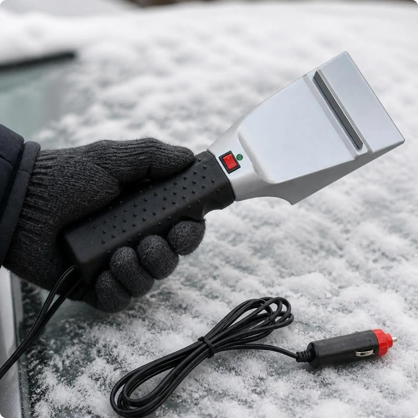 12V Car Ice with Heater | Cigarette Lighter Plug, Textured Grip Handle, Heated Ice, for Winter Driving
