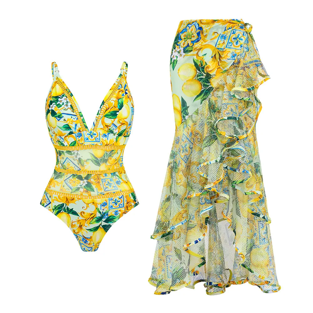 

Новый желтый цельный купальник, юбка для отпуска