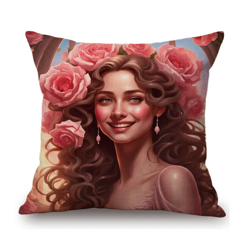 Pink Rose Flower Girls Beautiful Flowers Fairies Princess Home Decorative Cotton Linen Sofa Pillow Case Spring Art Cushion Cover