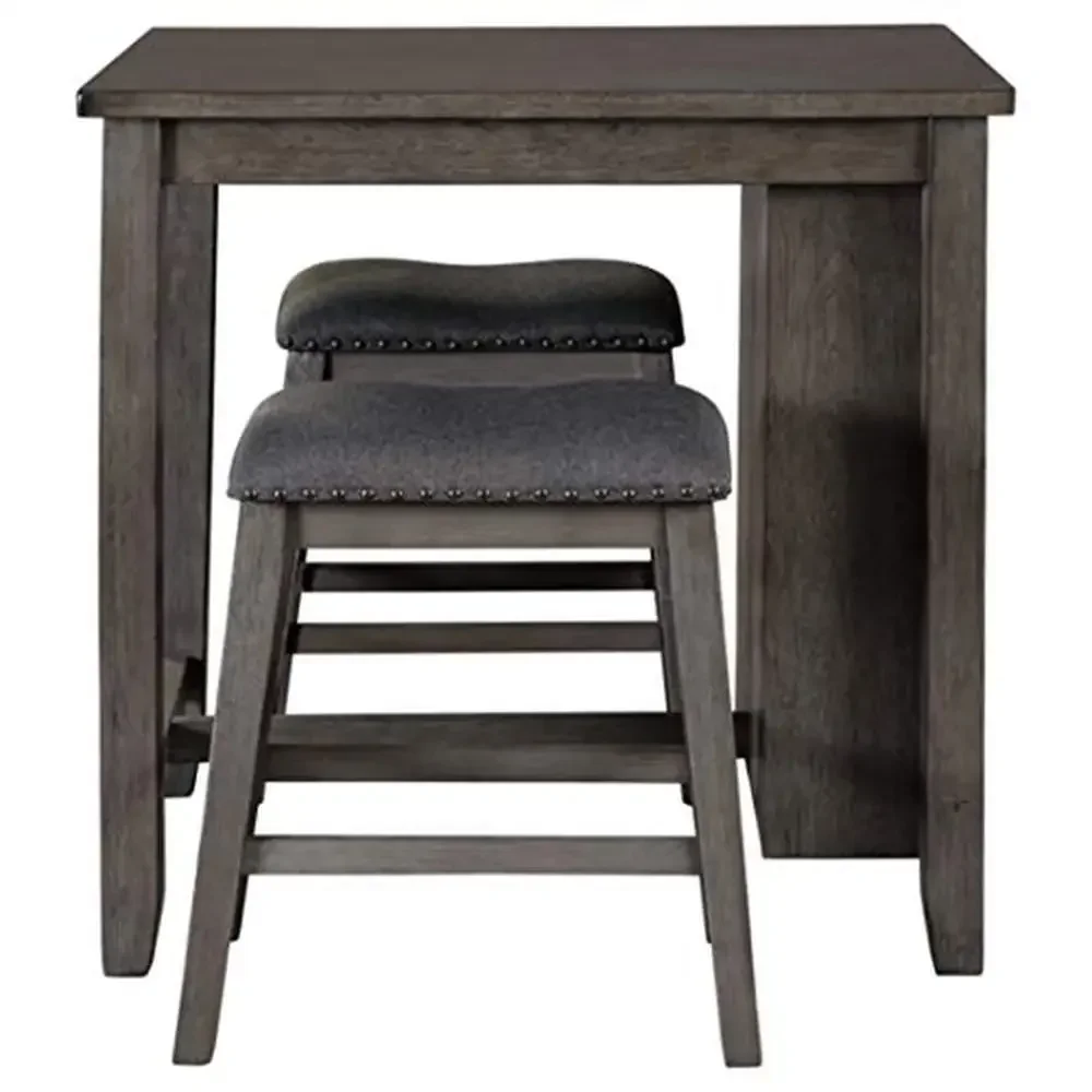 Juego de mesa de comedor gris de 25 pulgadas de alto con 2 taburetes de bar y almacenamiento Diseño de estilo de vida informal Chapa de acacia Solución para espacios pequeños Fácil