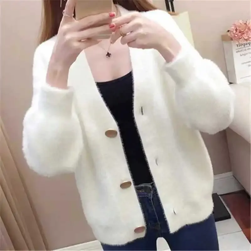 

Faux Mink Velvet Outerwear Top Polo Collar Princess Sleeve Sweatshirt Autumn Winter Short Loose Women's Knitted Cardigan Coat