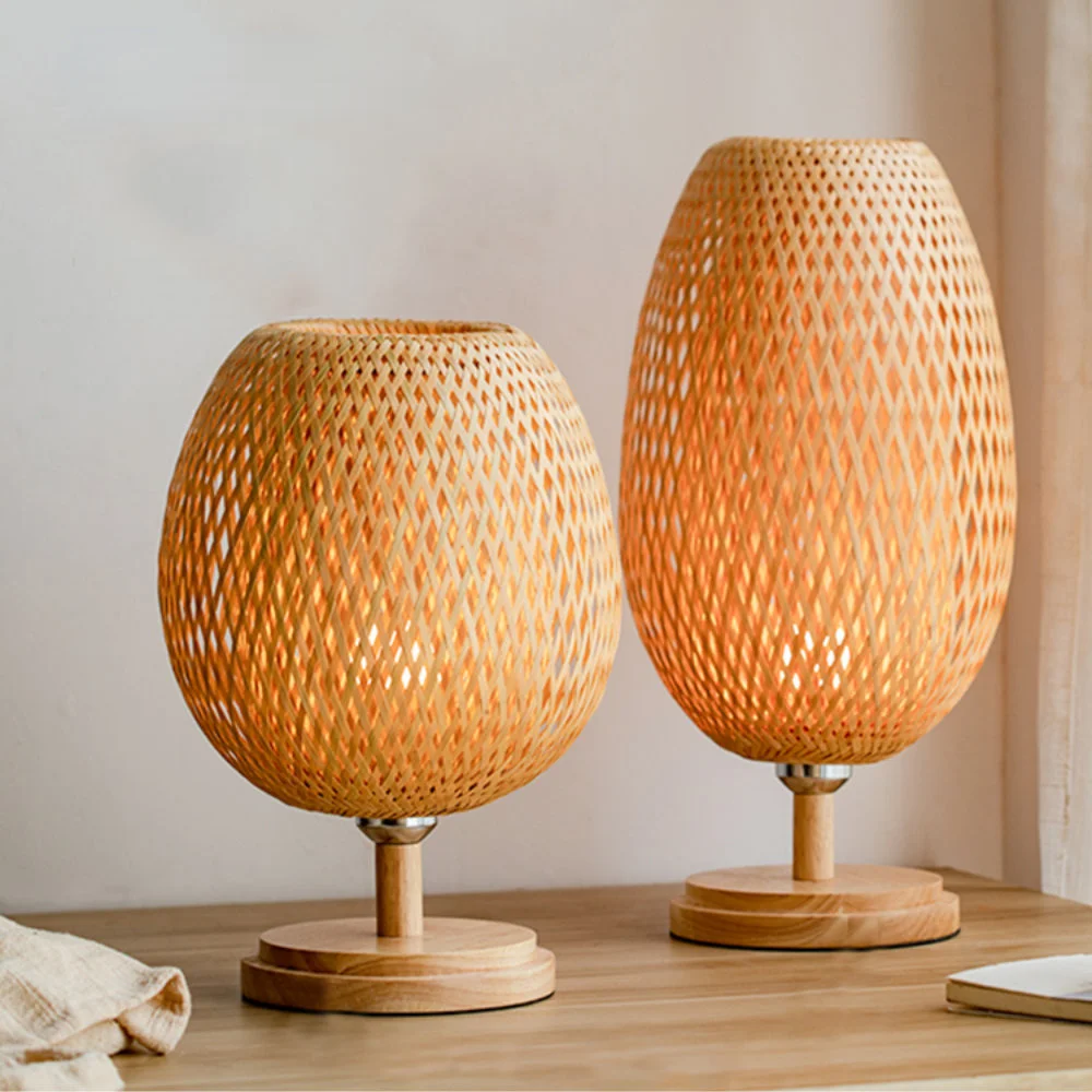 Small Rattan Table Lamp, Stepless Dimmable Beside Lamp, Vintage Wicker Wooden Nightstand Lamp, for Bedroom Living Room Desk