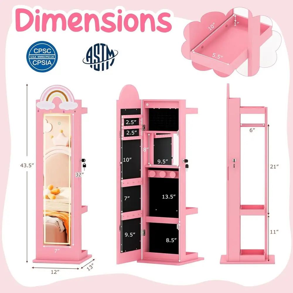 Pink Lockable Kids' Armoire with LED Lights, Full-Length Mirror, Racks & Storage Shelves
