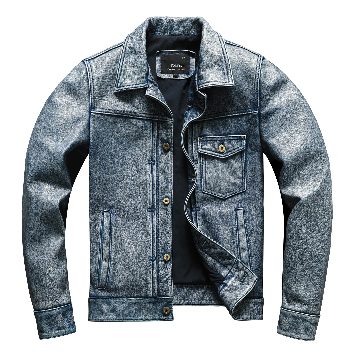 Men's Genuine Cowhide Leather Trucker Jacket Vintage Washed Gray-Blue Denim-Style Leather Coat Button-Front Turn-Down Collar