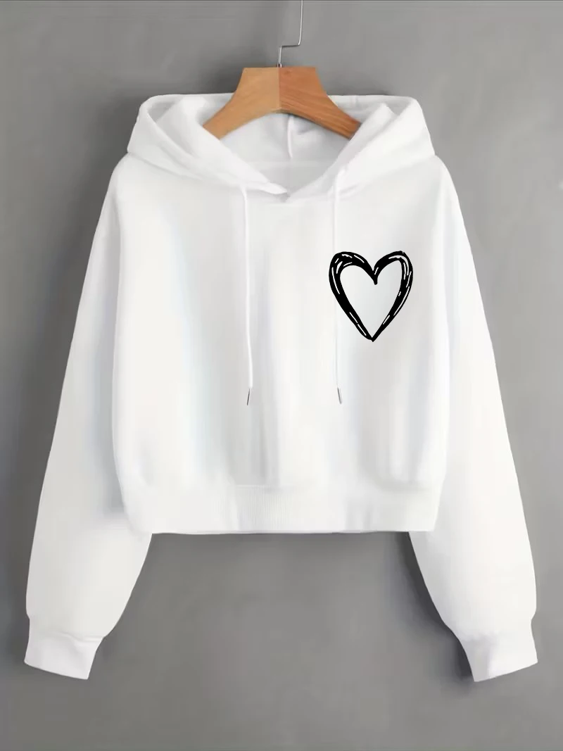 Fashion Love Heart Letter Print Autumn Winter Cropped Sweatshirt Crop Top Hoodie Y2k Sweatshirts Gothic Casual Style Clothes
