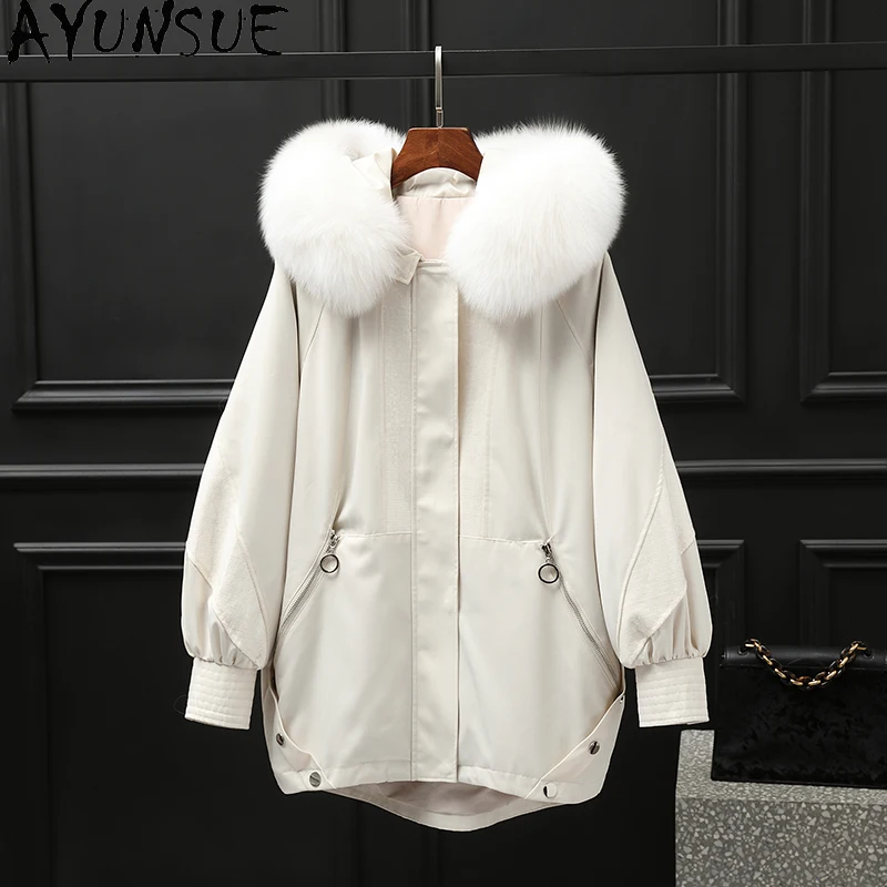 

AYUNSUE Real Rex Rabbit Fur Coat 2025 Mid-length Fur Parka Women Winter Clothes Warm Fox Fur Collar Womens Coats Пальто Женское
