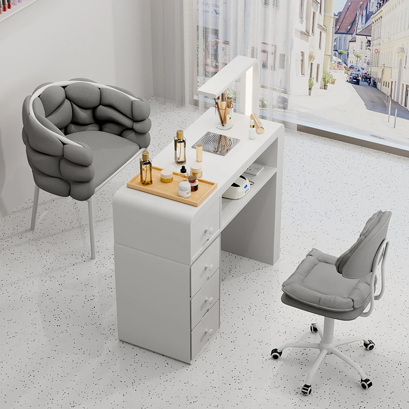 

Multifunctional Cream Wind Manicure Table And Chair Set, Special Single And Double Solid Wood With Vacuum Cleaner Manicure Table