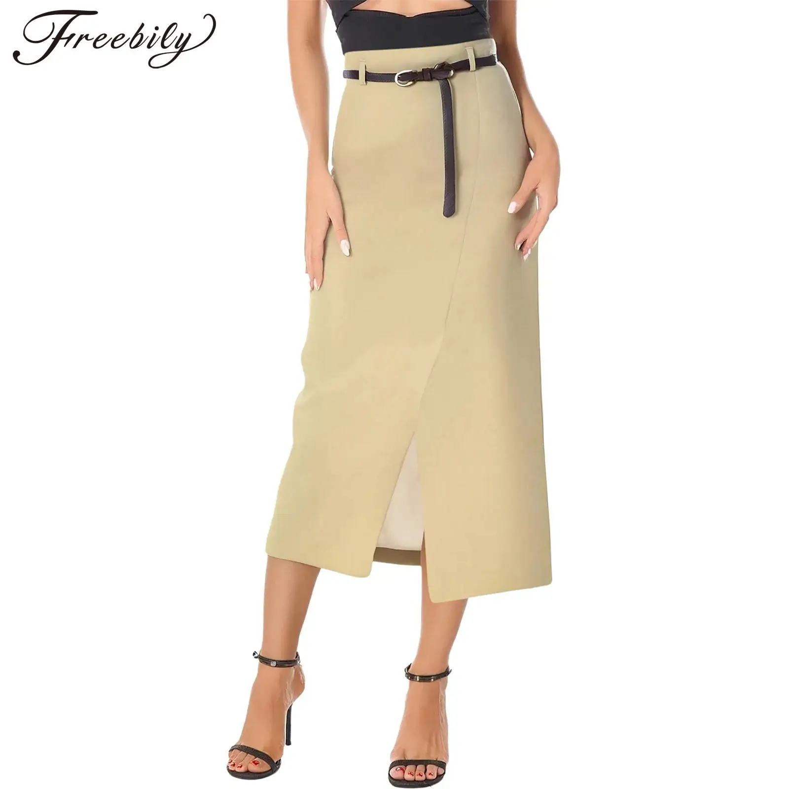 

Women Vintage Office Skirts Elegant Clothes Solid Color High Waist Skinny Split A-line Suit Skirt Summer Party Commute Skirt