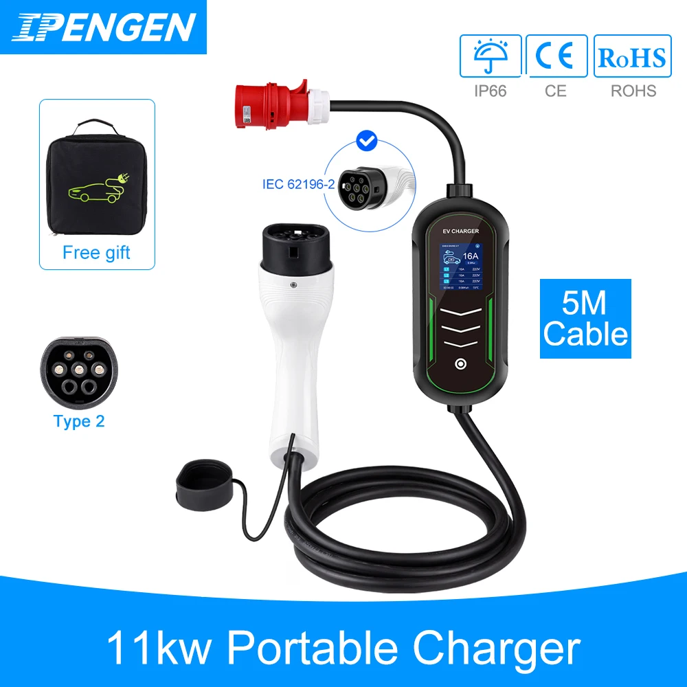 IPENGEN 11KW 16A Портативное зарядное устройство для электромобилей Type2 IEC62196-2 Зарядное устройство EVSE Зарядное устройство для электромобилей PHEV Автомобильное зарядное устройство CEE Plug 5M Кабель ﻿