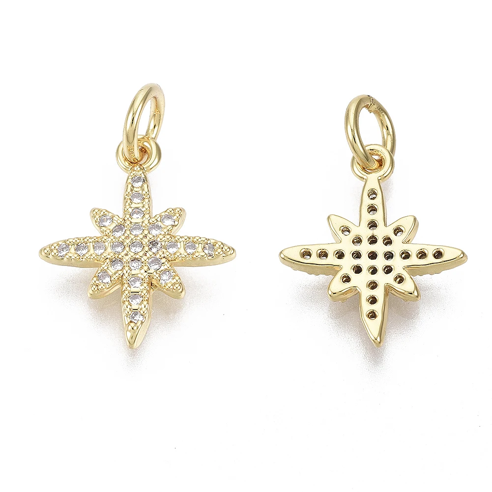 

5pcs Eight Pointed Star/Bicycle Brass Cubic Zirconia Charms with Jump Ring Real 18K Gold Plated for DIY Necklace Earring Jewelry