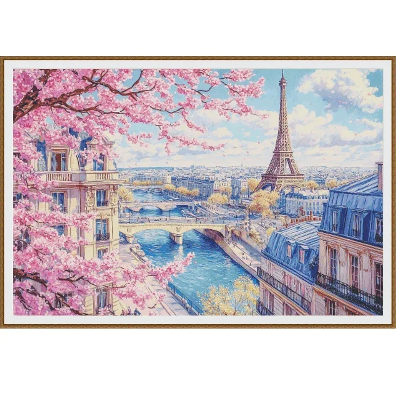 Stamped Cross Stitch Kit 14CT 16CT Pre Printed Canvas Cotton Thread DIY Embroidery for Home Wall Decor[ZZ6665-Pink Dream Paris]