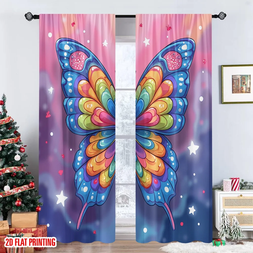 2 قطعة 2D ستائر الطباعة المسطحة نابضة بالحياة قوس قزح فراشة الرقمية المطبوعة البوليستر الستائر زينة الحفلات مثالية للمنزل و #6