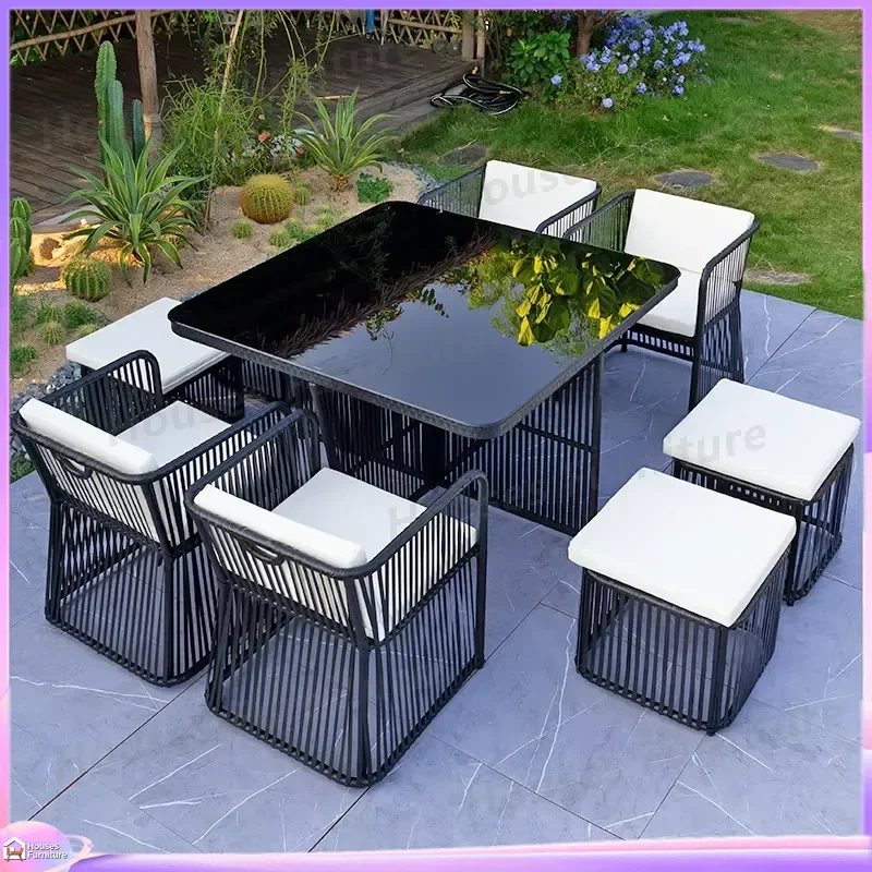 Outdoor Rattan Furniture Set Garden Patio Table and Chairs Waterproof Sunproof Wicker Dining Set Casual Outdoor Leisure
