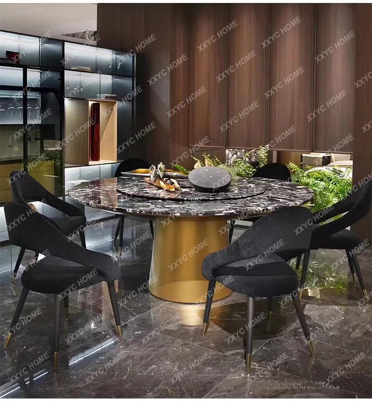 

ZH импортный черный роскошный каменный мраморный обеденный стол и стулья, современный простой круглый стол для маленькой квартиры