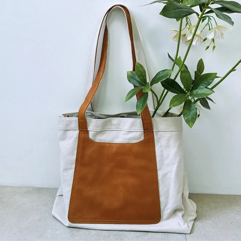 AETOO A niche vegetable-tanned cowhide bag with canvas, a large-capacity single-shoulder underarm women's bag in contrasting col